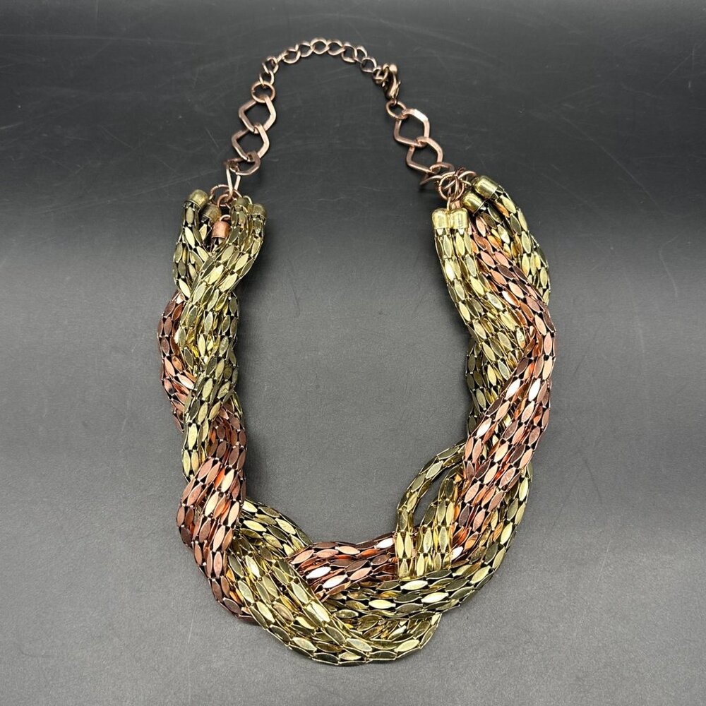 Vintage Braided Chain Necklace Copper Gold Tone Metal Multple Strands 1980s Glam - Picture 3 of 8